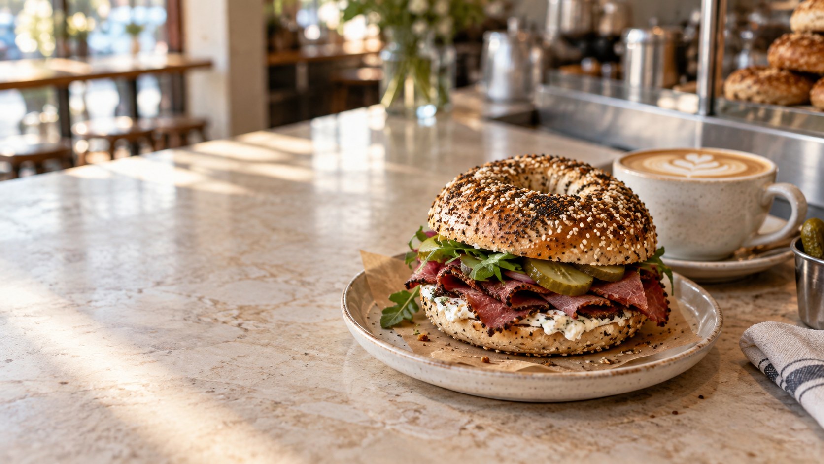 Großzügig belegter Bagel mit Kaffee auf einem hellen Café-Tresen